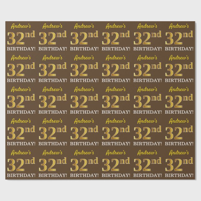 Papel De Regalo Brown, Imitation Gold Look "32nd BIRTHDAY" (Superficie plana)
