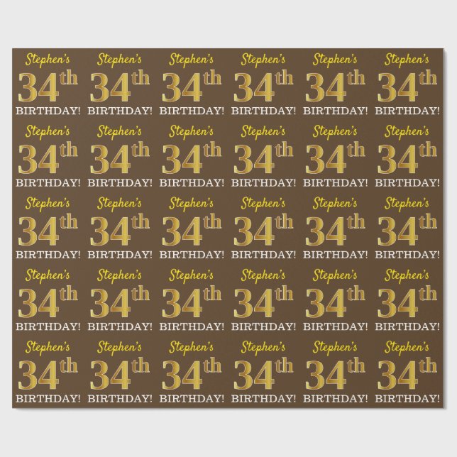 Papel De Regalo Brown, Imitation Gold Look "34th BIRTHDAY" (Superficie plana)