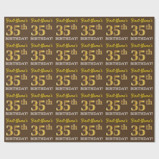 Papel De Regalo Brown, Imitation Gold Look "35th BIRTHDAY" (Superficie plana)