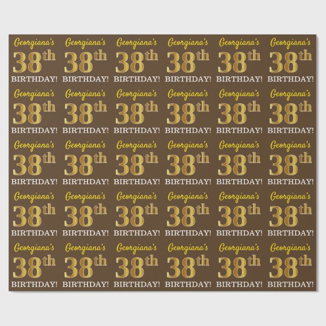 Papel De Regalo Brown, Imitation Gold Look "38th BIRTHDAY" (Superficie plana)