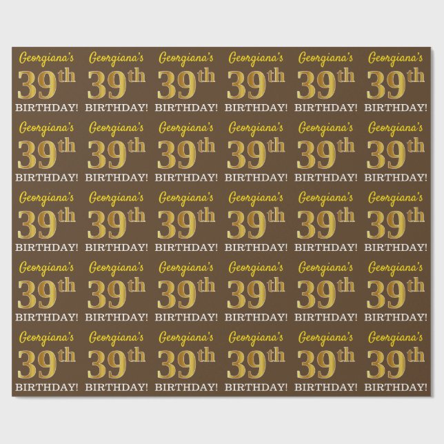 Papel De Regalo Brown, Imitation Gold Look "39th BIRTHDAY" (Superficie plana)