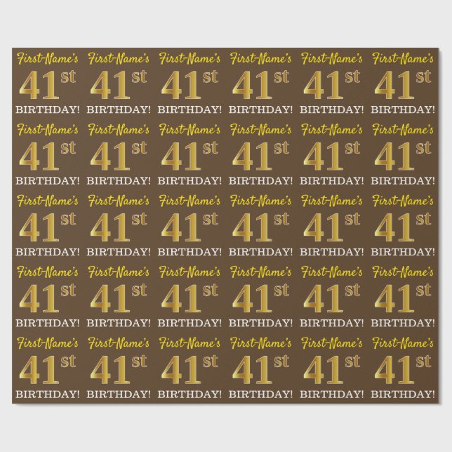 Papel De Regalo Brown, Imitation Gold Look "41st BIRTHDAY" (Superficie plana)