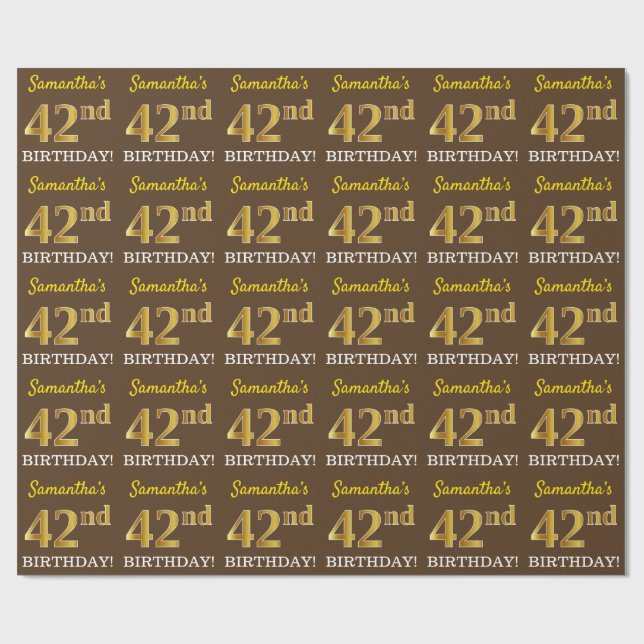 Papel De Regalo Brown, Imitation Gold Look "42nd BIRTHDAY" (Superficie plana)