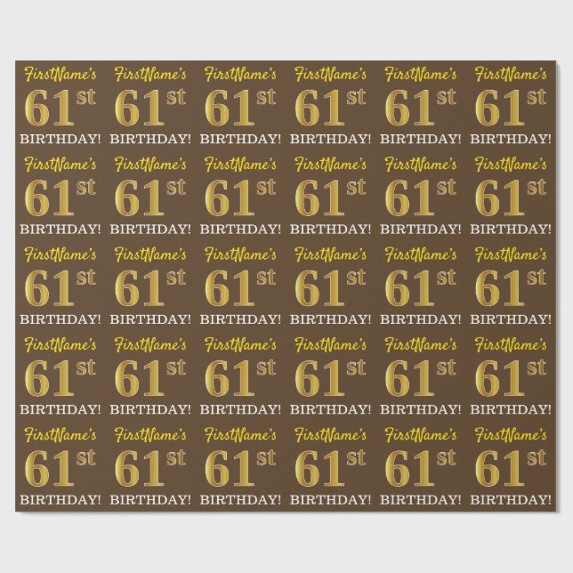 Papel De Regalo Brown, Imitation Gold Look "61st BIRTHDAY" (Superficie plana)