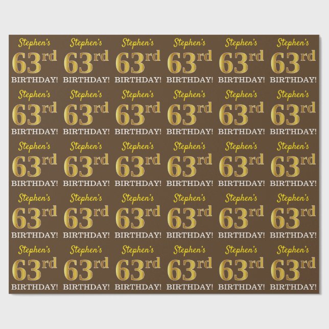Papel De Regalo Brown, Imitation Gold Look "63rd BIRTHDAY" (Superficie plana)