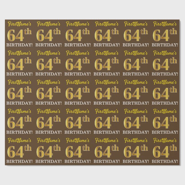 Papel De Regalo Brown, Imitation Gold Look "64th BIRTHDAY" (Superficie plana)