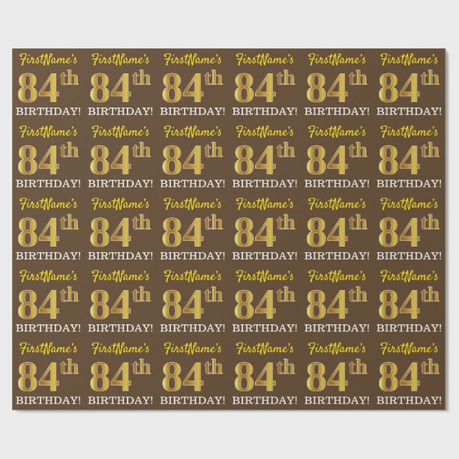 Papel De Regalo Brown, Imitation Gold Look "84th BIRTHDAY" (Superficie plana)