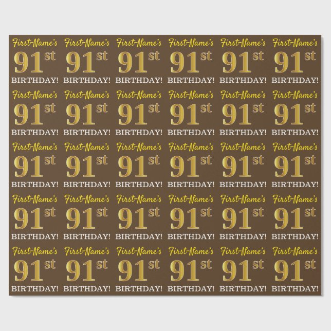 Papel De Regalo Brown, Imitation Gold Look "91st BIRTHDAY" (Superficie plana)