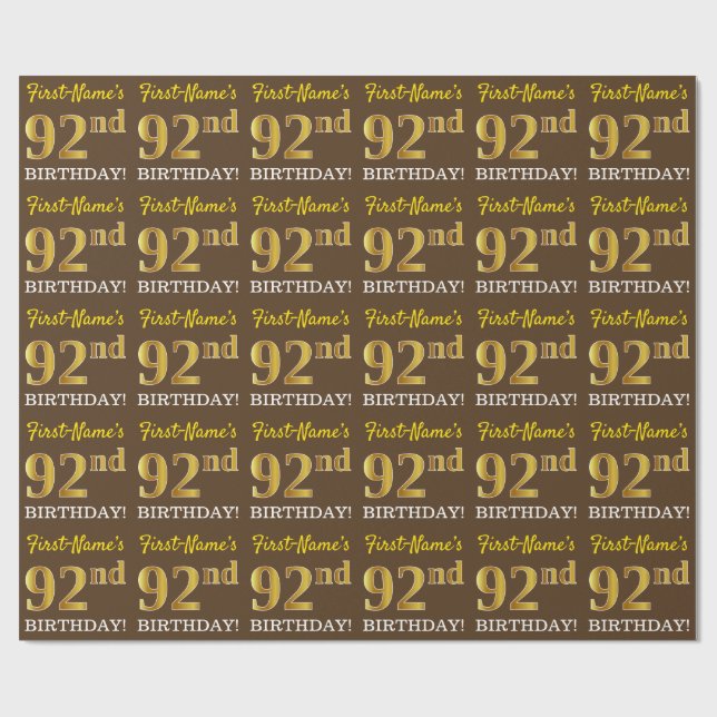 Papel De Regalo Brown, Imitation Gold Look "92nd BIRTHDAY" (Superficie plana)
