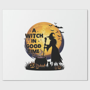 Papel De Regalo Bruja Buen Tiempo Halloween Luna Caldero_1