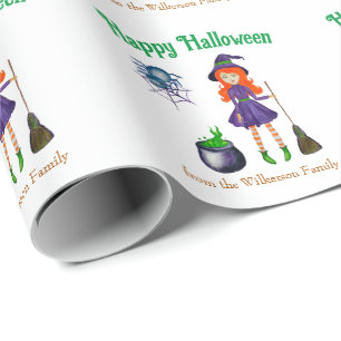 Papel De Regalo Bruja Colorida y Araña Nombre Personalizado Hallow