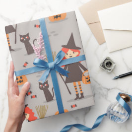 Papel De Regalo Bruja de Halloween, calabaza, gato negro