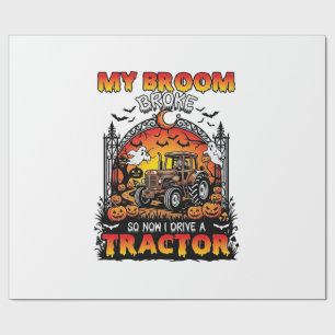 Papel De Regalo Bruja de Halloween con Tractor Roto Escoba_1