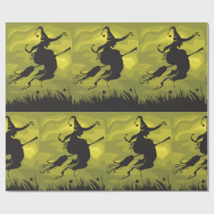 Papel De Regalo Bruja espeluznante de Halloween volando en escoba