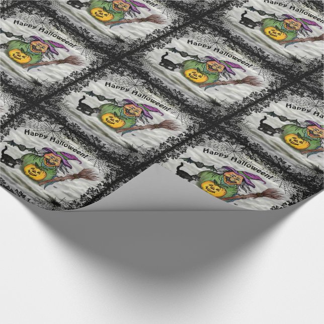 Papel De Regalo Bruja, gato, murciélago y calabaza, ¡Feliz Hallowe (Esquina)