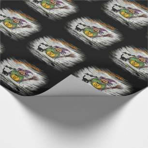 Papel De Regalo Bruja, gato, murciélago y calabaza, ¡Feliz Hallowe