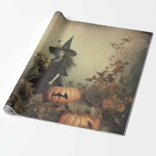Papel De Regalo Bruja gótica sepia con calabazas y rosas de otoño