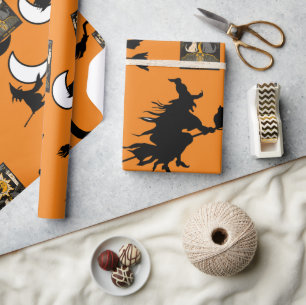 Papel De Regalo Bruja mago gato negro luna florece