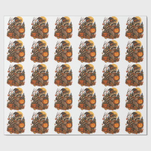 Papel De Regalo Bruja Mapache Vintage Halloween Calabaza Otoño