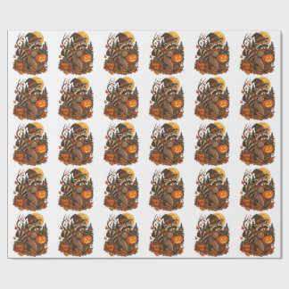Papel De Regalo Bruja Mapache Vintage Halloween Calabaza Otoño