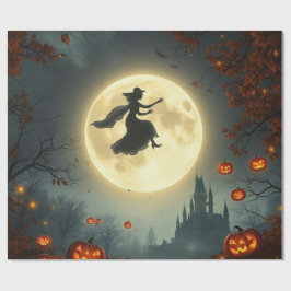 Papel De Regalo Bruja Mística Malvada Volando Sobre Luna Llena 🌕