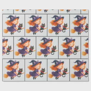 Papel De Regalo Bruja Pequeña Gata Volando Halloween Niña Baby Sho