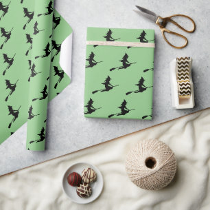 Papel De Regalo Bruja voladora clásica en negro de cuarto y verde 