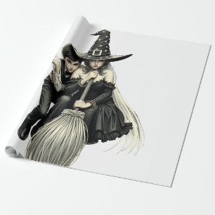 Papel De Regalo Bruja y niño de Halloween: Dúo mágico oscuro