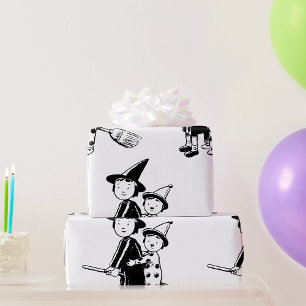 Papel De Regalo Bruja y payaso de Halloween montando escoba