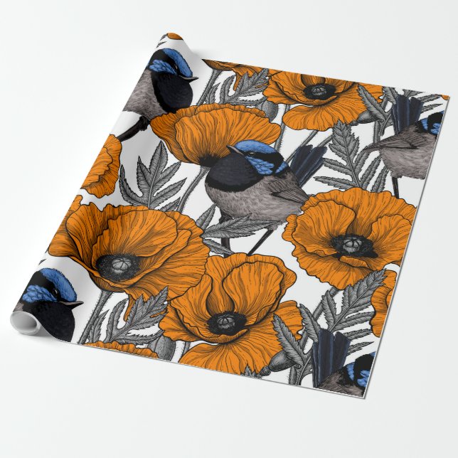Papel De Regalo Brujas de hadas y flores de amapola naranja 2 (Desenrollado)