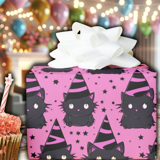 Papel De Regalo Brujería Gótico Pastel Rosa Negro Kitty Cat Cumple (pastel goth hot pink black kitty cat witchy wrapping paper witch cute whimsical witch hat stars)