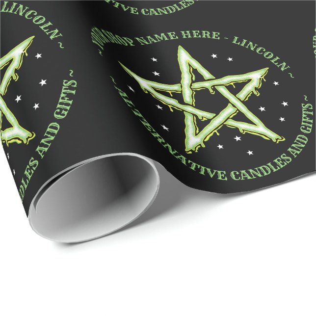 Papel De Regalo Brujería personalizada verde Pentagram Gótico (Esquina del rollo)
