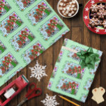 Papel De Regalo Brunette Christmas Present Fairy<br><div class="desc">Un hada de brunette de color rojo y verde en un fondo azul y verde con copos de nieve. A su alrededor hay juguetes,  regalos de Navidad envueltos y símbolos de Navidades.</div>