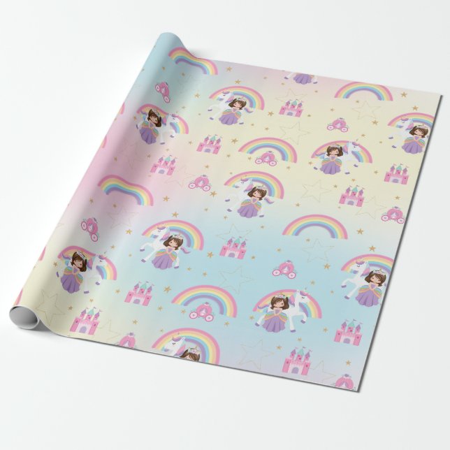 Papel De Regalo Brunette Princess y Unicorn Rainbow Birday (Desenrollado)