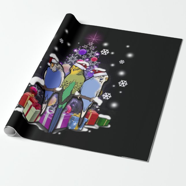 Papel De Regalo Budgerigars con el navidad regalo y copos de nieve (Desenrollado)