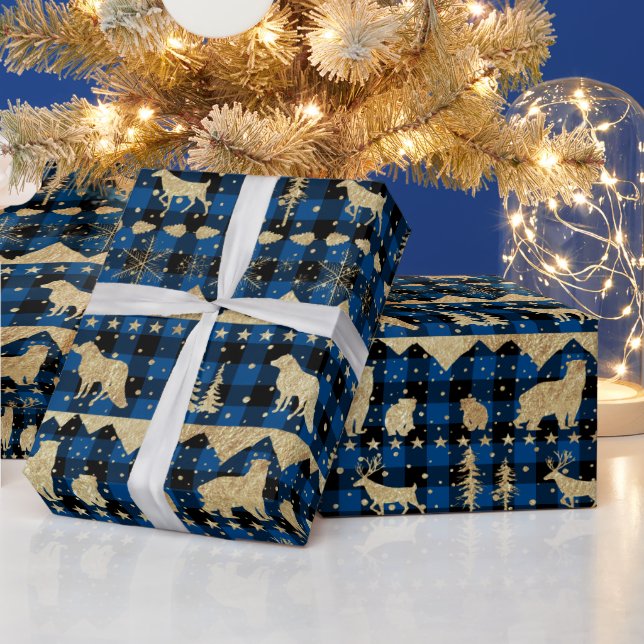 Papel De Regalo Búfalo Azul Nórdico Tapado Oro Animales De Inviern (Vacaciones)