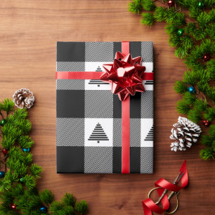 Papel De Regalo Búfalo blanco y negro con árboles de Navidad