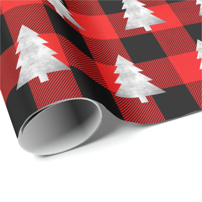 Papel De Regalo Búfalo Plaid Lomberjack Árbol de Navidad Plata Roj (Esquina del rollo)