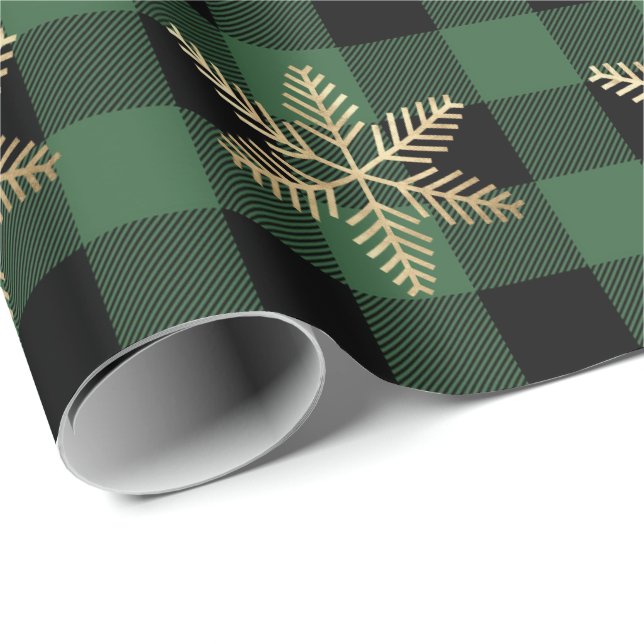 Papel De Regalo Bufalo Plaid Lomberjack Oro Snowflake Rust Verde (Esquina del rollo)