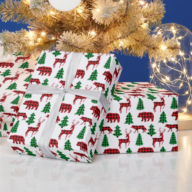 Papel De Regalo Búfalo Verde Rojo Tapado Bears Wolves Deer Navidad (Vacaciones)
