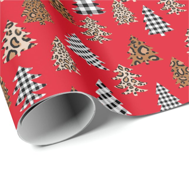 Papel De Regalo Buffalo de árbol de Navidad en rojo (Esquina del rollo)
