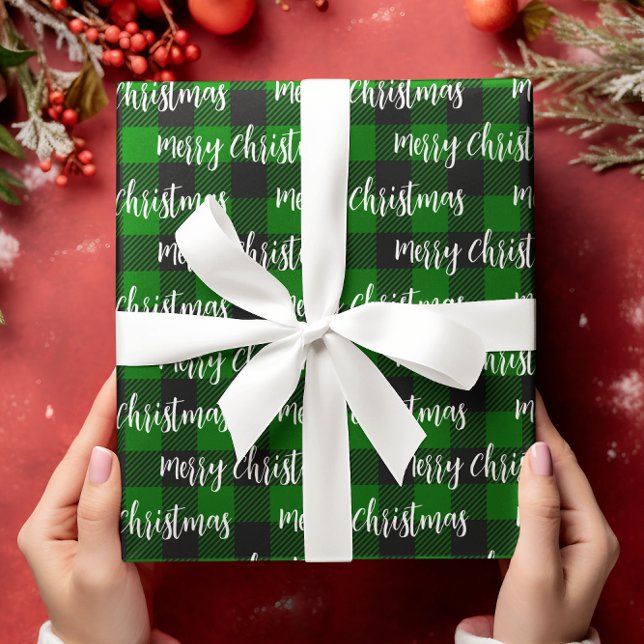 Papel De Regalo Buffalo Plaid Green Merry Christmas Text (Subido por el creador)