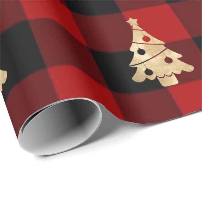 Papel De Regalo Buffalo Plaid Lomberjack Árbol de Navidad Oro (Esquina del rollo)