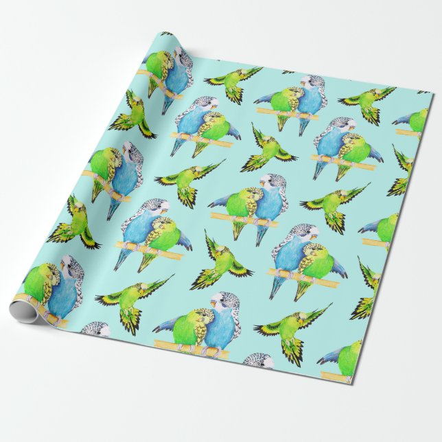 Papel De Regalo Bugies azules y verdes Parakeet Mascota Bird Lover (Desenrollado)