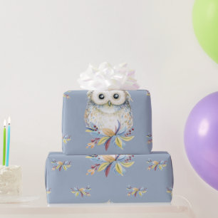 Papel De Regalo Búho blanco beige y fondo gris azul
