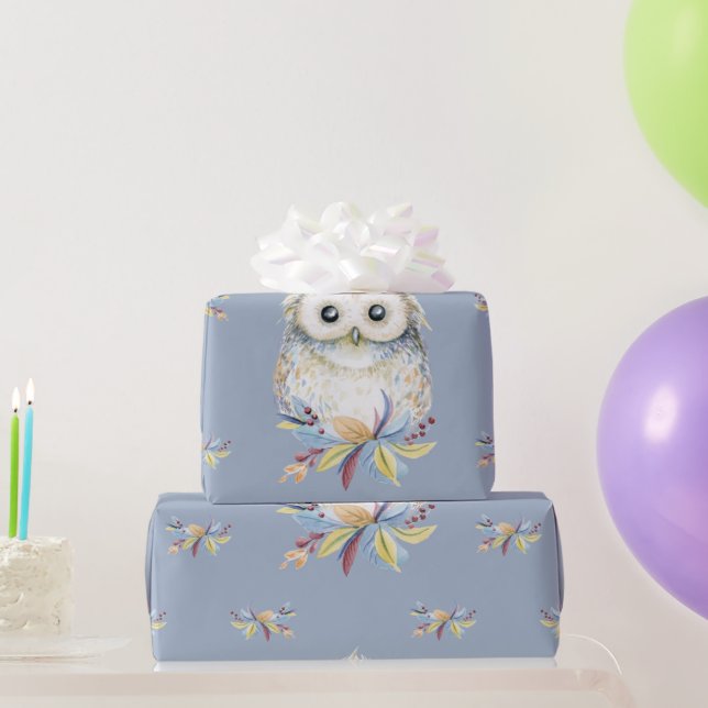 Papel De Regalo Búho blanco beige y fondo gris azul (Regalos de fiesta)