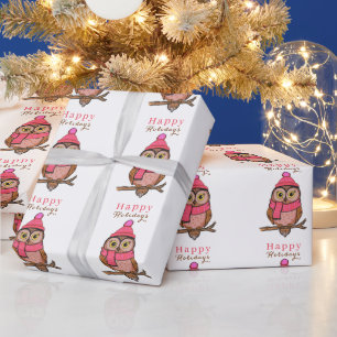 Papel De Regalo Búho Lindo Felices Fiestas Rosa Tendencia Navidad