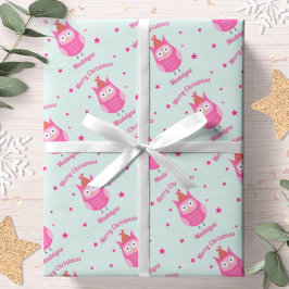 Papel De Regalo Búho Lindo Navidad Rosa Nieve Estrellas Personaliz