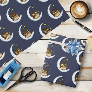 Papel De Regalo Búho Marrón Mono Luna Estrellas Azul
