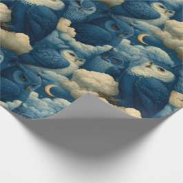 Papel De Regalo Búhos Azules y Nubes de Noche Estrellada Cumpleaño